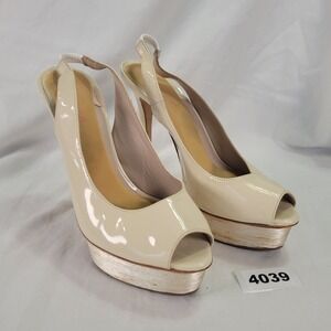Le Silla Italy Womens Cream Patent Leather Platform Slingback Peep Heels Sz 9.5